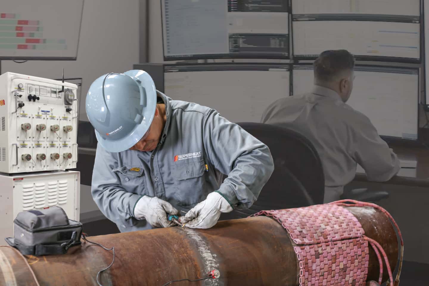 A heat treatment technician working on an on-site wrap